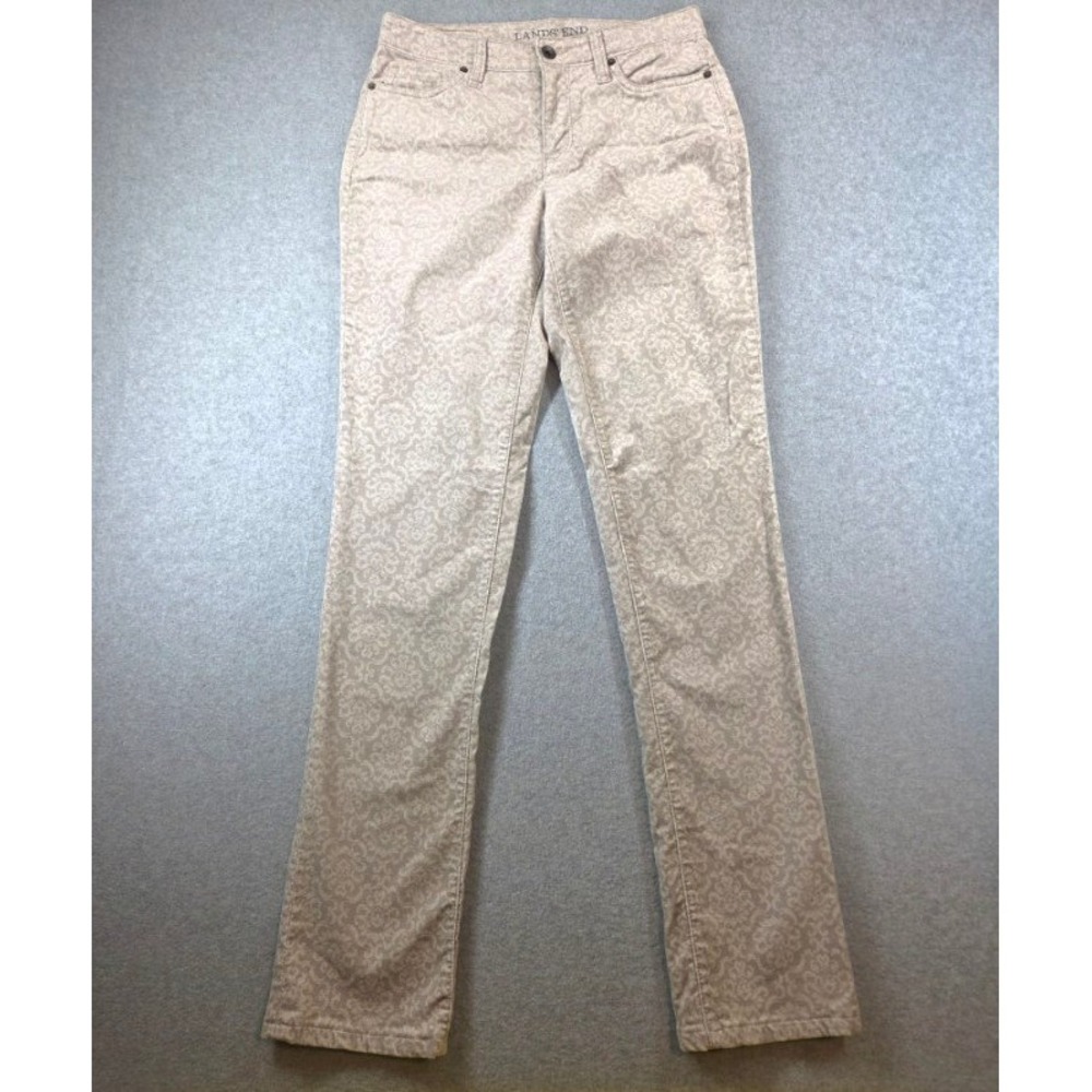 Lands End Womens Tan Damask Floral Corduroy Straight Leg Pants Size 2